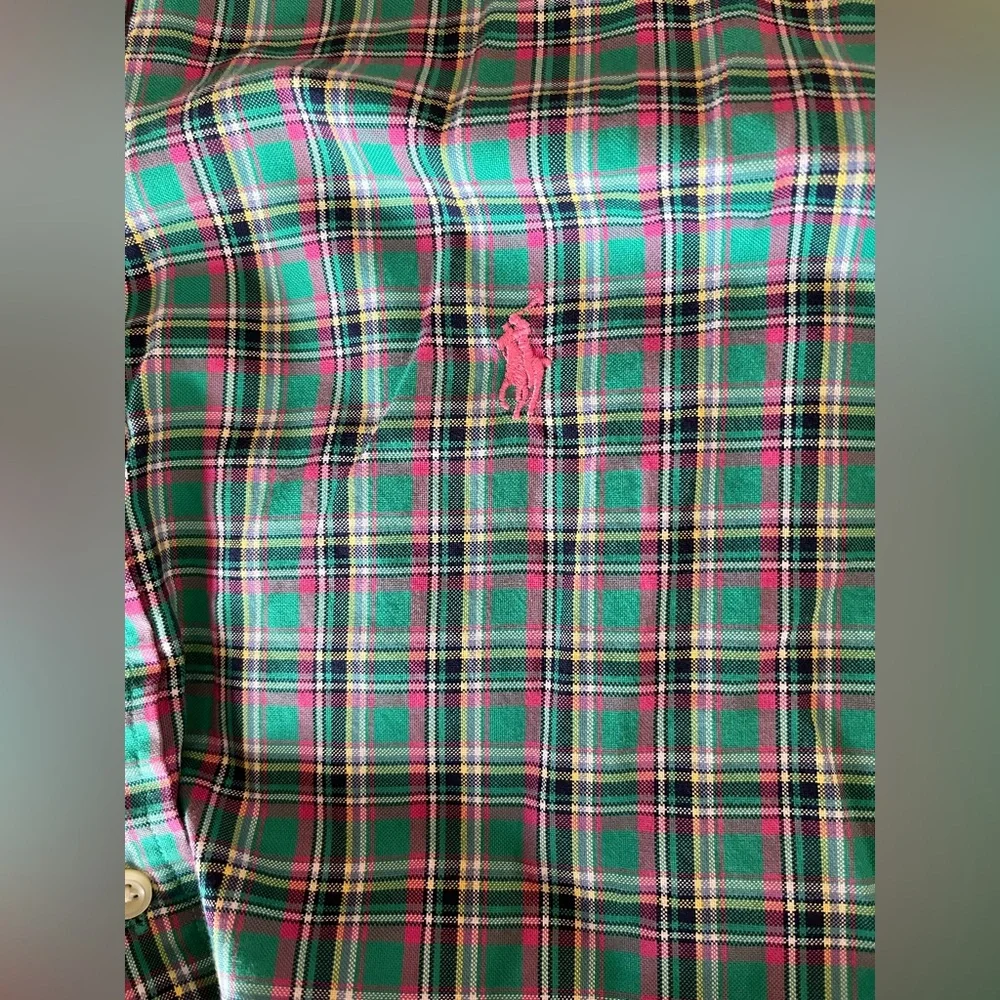 Men’s Polo Ralph Lauren Long Sleeve Button Down Dress Shirt Plaid Pink Green L